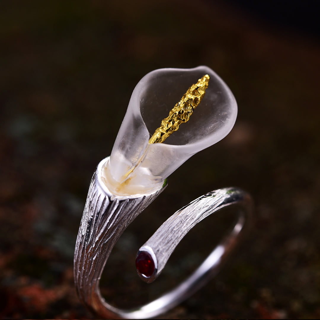 Calla Lily Ring With Crystal In 925 Sterling Silver 18K Gold