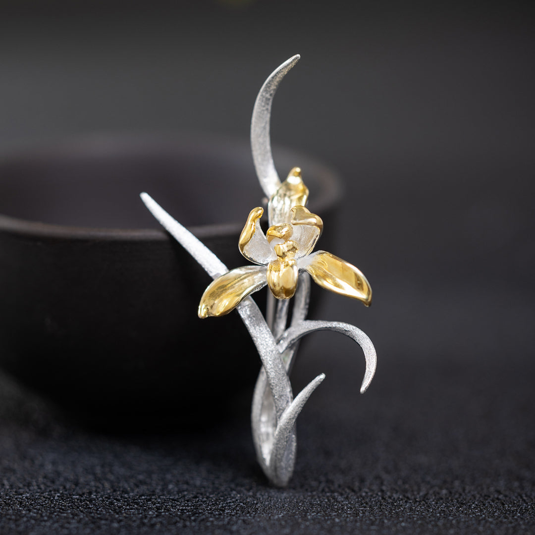 Orchid Brooch With Golden Accents In 925 Sterling Silver 18K Gold