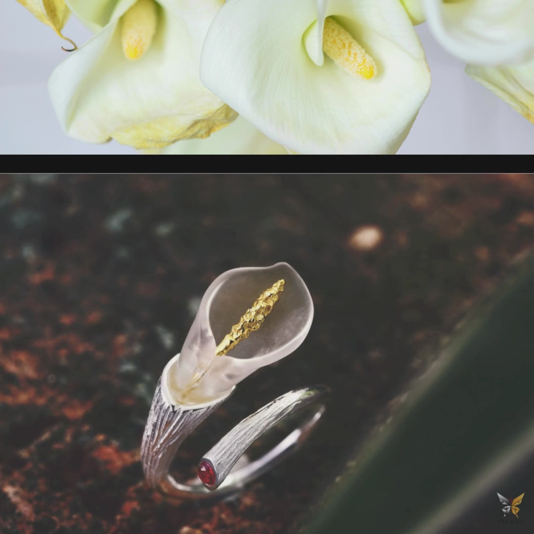 Calla Lily Ring With Crystal In 925 Sterling Silver 18K Gold