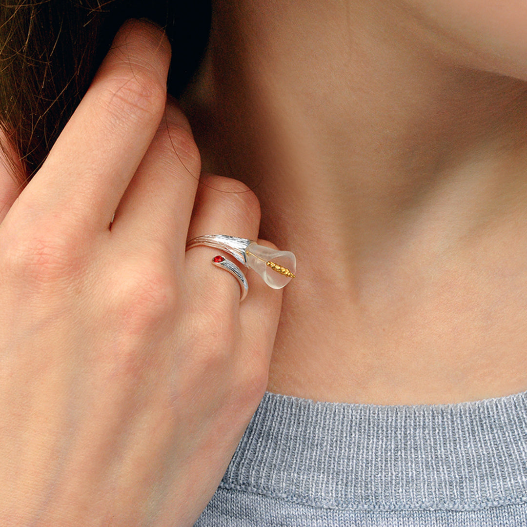 Calla Lily Ring With Crystal In 925 Sterling Silver 18K Gold