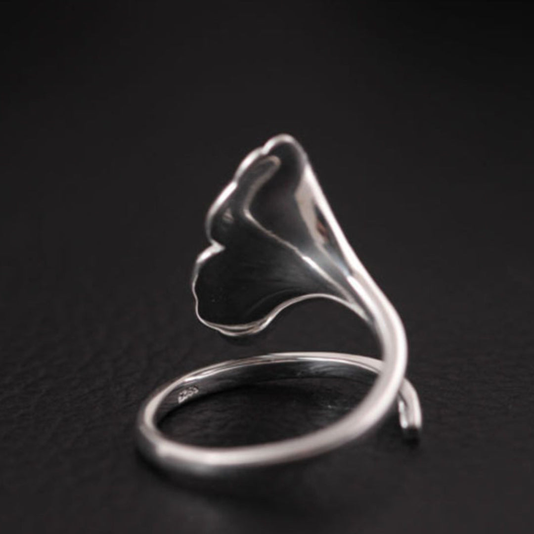 Ginkgo Leaf Ring Adjustable In 925 Sterling Silver