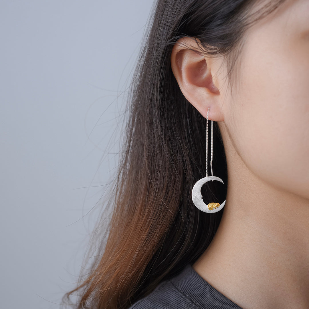 Threader Earrings With A Sleeping Puppy On A Crescent Moon In 925 Ster ...